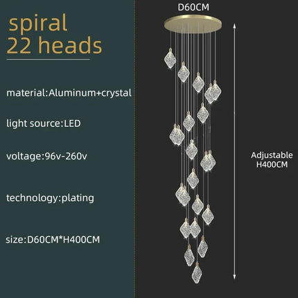 Lustre suspendu en cristal nordique pour salon et escaliers, lumière LED chaleureuse
