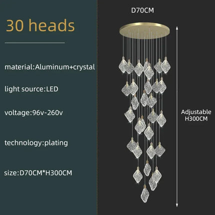 Lustre suspendu en cristal nordique pour salon et escaliers, lumière LED chaleureuse
