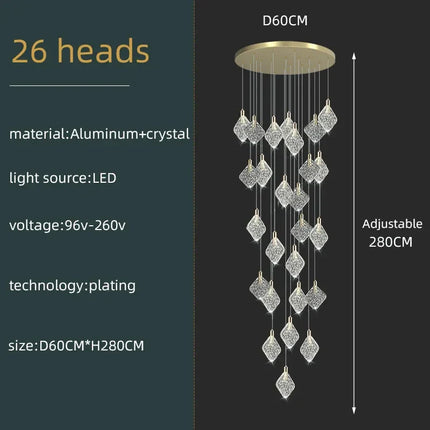 Lustre suspendu en cristal nordique pour salon et escaliers, lumière LED chaleureuse