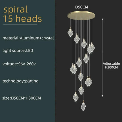 Lustre suspendu en cristal nordique pour salon et escaliers, lumière LED chaleureuse