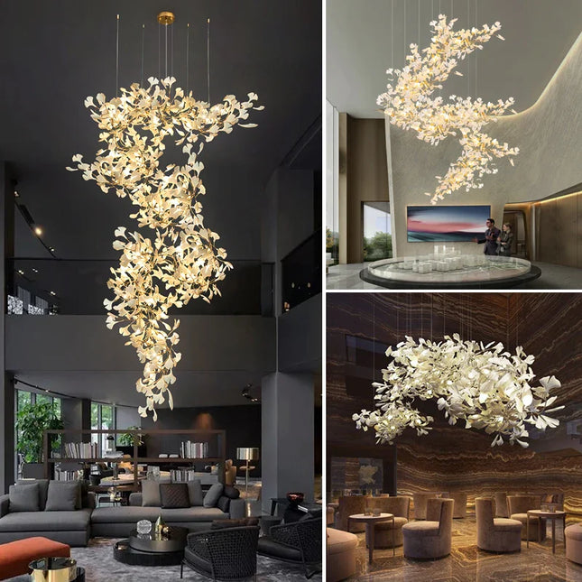 Lustre Ginkgo Feuille en Cristal pour Escalier et Hall Luxueux