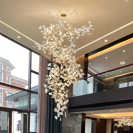 Lustre Ginkgo Feuille en Cristal pour Escalier et Hall Luxueux