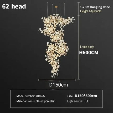 Lustre Ginkgo Feuille en Cristal pour Escalier et Hall Luxueux