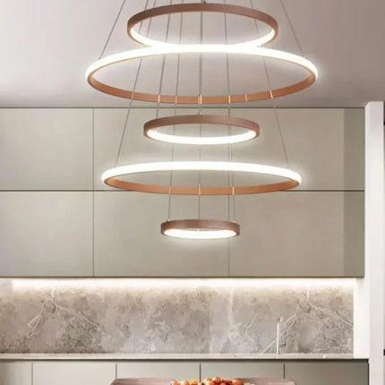 Lustre moderne 7 anneaux circulaires LED en alliage d’aluminium pour salon et salle à manger
