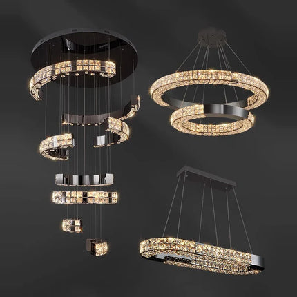Lustre suspendu K9 cristal noir LED dimmable en acier inoxydable pour salon