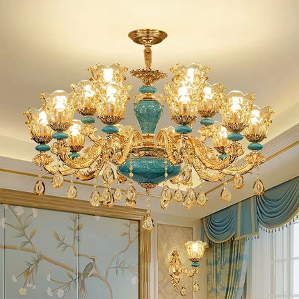Lustre design européen en céramique et cristal, lumière chaude élégante