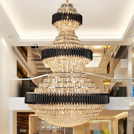 Lustre Moderne en Cristal et Métal Noir/Or, Lumière Chaude LED, Design Luxueux
