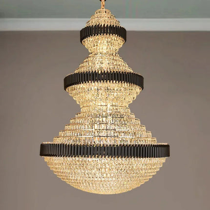 Lustre Moderne en Cristal et Métal Noir/Or, Lumière Chaude LED, Design Luxueux