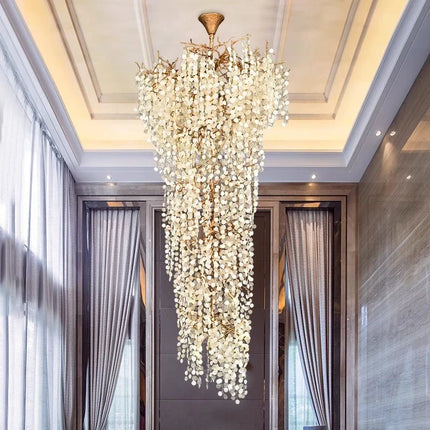 Lustre en cuivre poli Art Déco avec branches en cristal pour hall et escalier