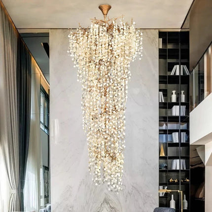 Lustre en cuivre poli Art Déco avec branches en cristal pour hall et escalier