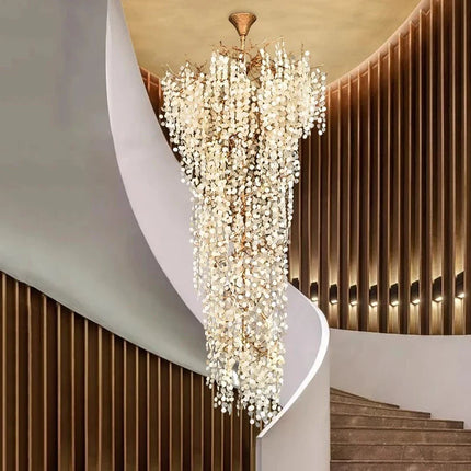 Lustre en cuivre poli Art Déco avec branches en cristal pour hall et escalier