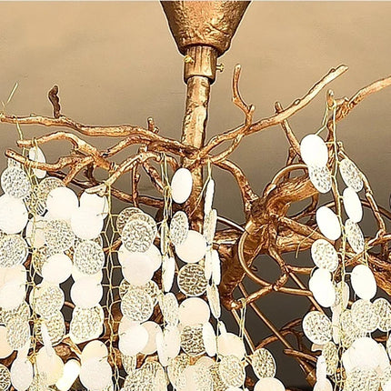 Lustre en cuivre poli Art Déco avec branches en cristal pour hall et escalier