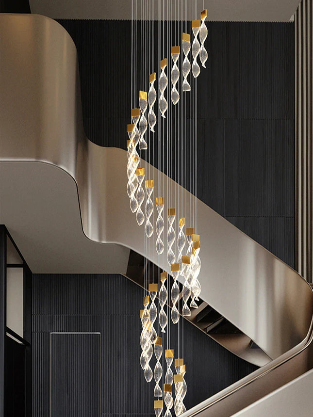 Lustre Spirale Duplex LED en cristal noir et or, design moderne, lumière blanche chaude