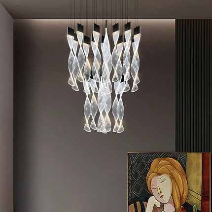 Lustre Spirale Duplex LED en cristal noir et or, design moderne, lumière blanche chaude