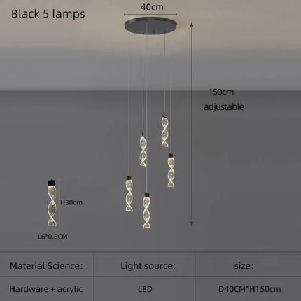 Lustre Spirale Duplex LED en cristal noir et or, design moderne, lumière blanche chaude