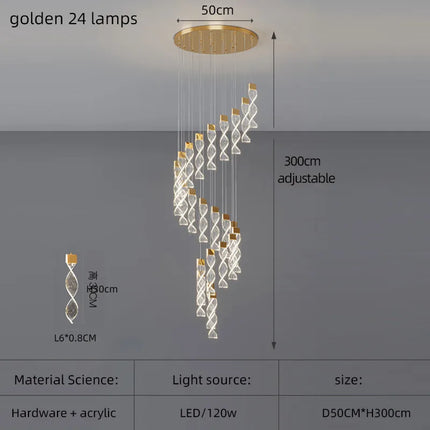 Lustre Spirale Duplex LED en cristal noir et or, design moderne, lumière blanche chaude