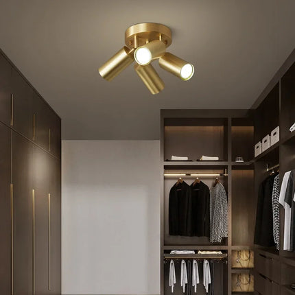 Plafonnier postmoderne en fer doré, 2-4 têtes orientables pour couloir et magasin