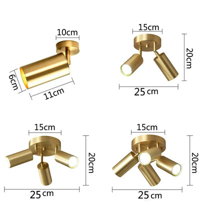 Plafonnier postmoderne en fer doré, 2-4 têtes orientables pour couloir et magasin
