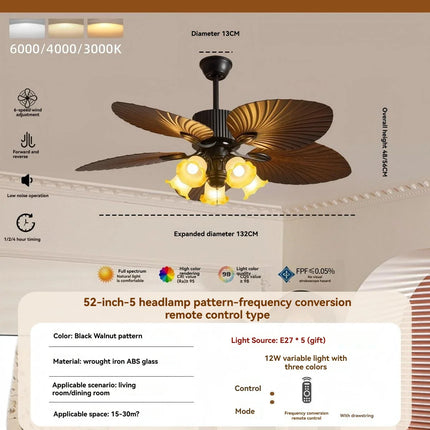 Plafonnier ventilateur rétro américain en feuille de bananier LED dimmable à fréquence variable