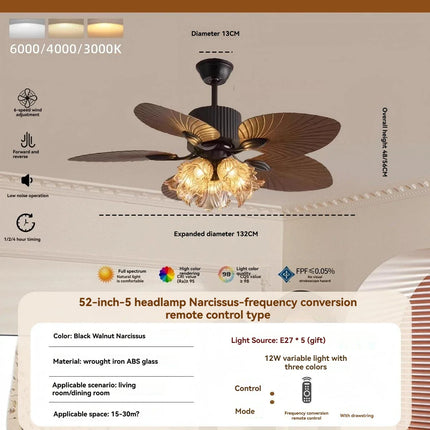 Plafonnier ventilateur rétro américain en feuille de bananier LED dimmable à fréquence variable