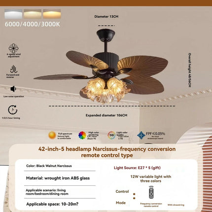 Plafonnier ventilateur rétro américain en feuille de bananier LED dimmable à fréquence variable