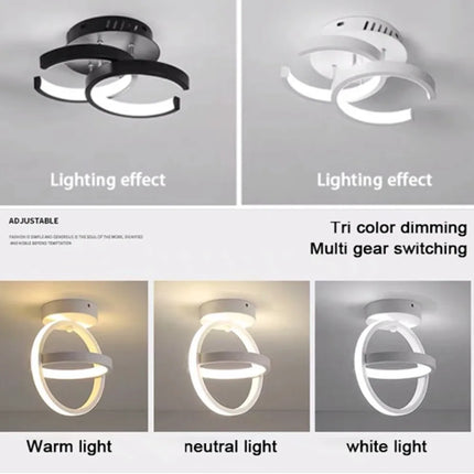Plafonnier moderne à LED 2 anneaux en aluminium, lumière 3 couleurs, design créatif