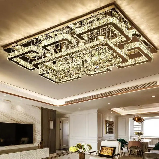 Plafonnier LED cristal luxe moderne chrome avec télécommande pour salon et cuisine