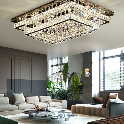 Plafonnier LED cristal luxe moderne chrome avec télécommande pour salon et cuisine