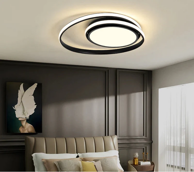 Plafonnier LED moderne design aluminium blanc noir, lumière chaude dimmable