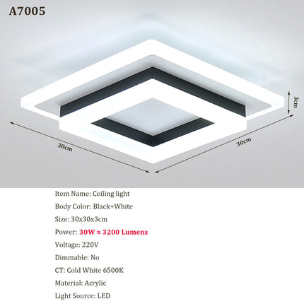 Plafonnier carré LED moderne en acrylique blanc 6500K pour intérieur