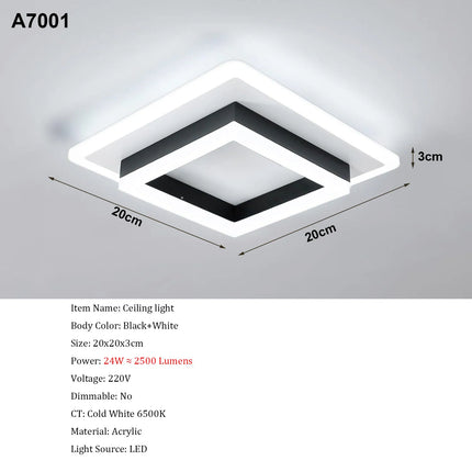 Plafonnier carré LED moderne en acrylique blanc 6500K pour intérieur