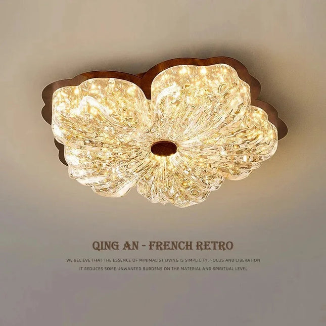 Plafonnier Vintage Français en Cristal à Fleurs, Lumière Chaude Ambiante