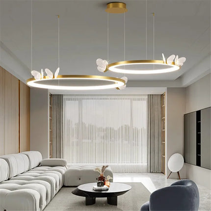 Plafonnier LED Anneau Métal Doré, Design Nordique avec Papillon Acrylique, Éclairage Salon et Chambre
