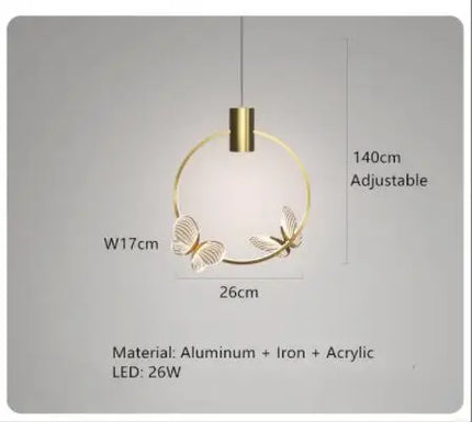 Plafonnier LED Anneau Métal Doré, Design Nordique avec Papillon Acrylique, Éclairage Salon et Chambre