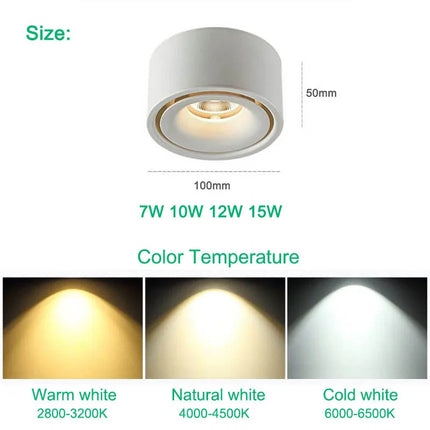 Plafonnier LED circulaire COB dimmable en aluminium, 7-15W, lumière chaude