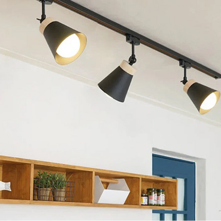 Plafonnier LED sur Rail Nordique en Fer et Bois, Éclairage Moderne Salon