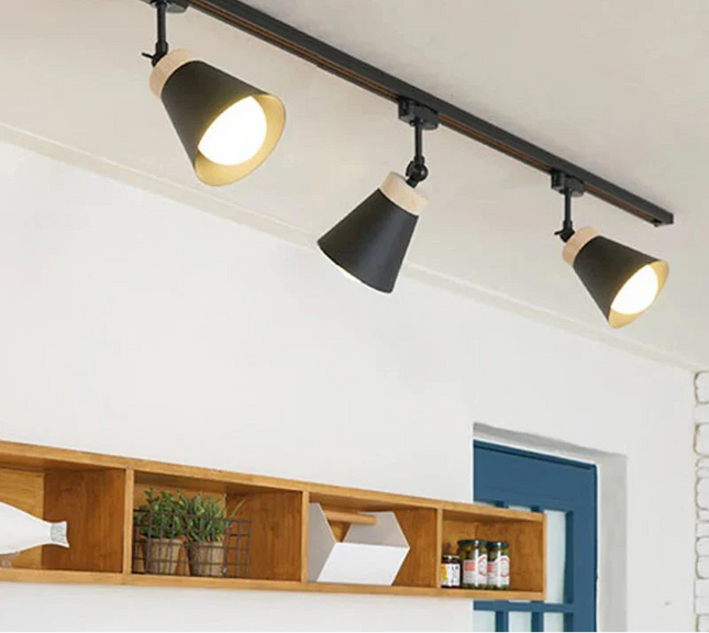 Plafonnier LED sur Rail Nordique en Fer et Bois, Éclairage Moderne Salon