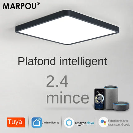Plafonnier LED intelligent MARPOU carré grain de bois, commande vocale Alexa/Google, télécommande, ambiance modulable