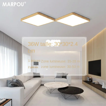 Plafonnier LED intelligent MARPOU carré grain de bois, commande vocale Alexa/Google, télécommande, ambiance modulable