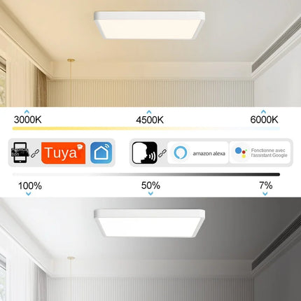 Plafonnier LED intelligent MARPOU carré grain de bois, commande vocale Alexa/Google, télécommande, ambiance modulable