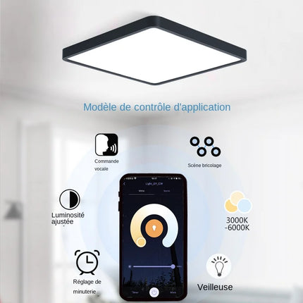 Plafonnier LED intelligent MARPOU carré grain de bois, commande vocale Alexa/Google, télécommande, ambiance modulable