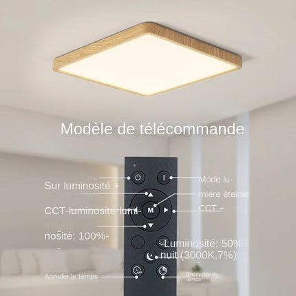 Plafonnier LED intelligent MARPOU carré grain de bois, commande vocale Alexa/Google, télécommande, ambiance modulable