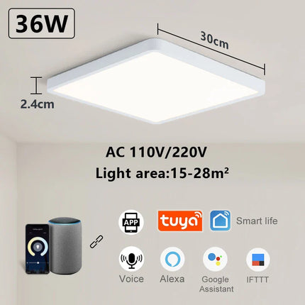 Plafonnier LED intelligent MARPOU carré grain de bois, commande vocale Alexa/Google, télécommande, ambiance modulable