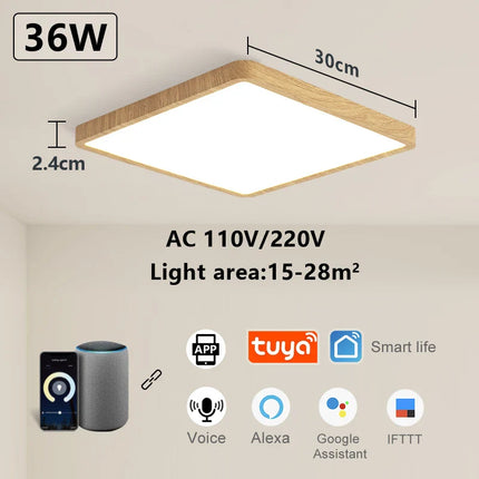Plafonnier LED intelligent MARPOU carré grain de bois, commande vocale Alexa/Google, télécommande, ambiance modulable