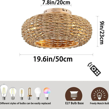Plafonnier ventilateur silencieux en bambou avec lumière LED et télécommande, design moderne