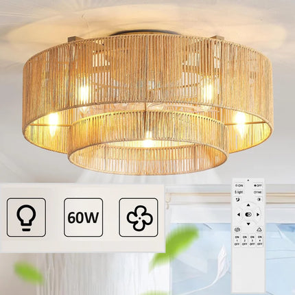 Plafonnier ventilateur de plafond bohème en bambou avec lumière et télécommande