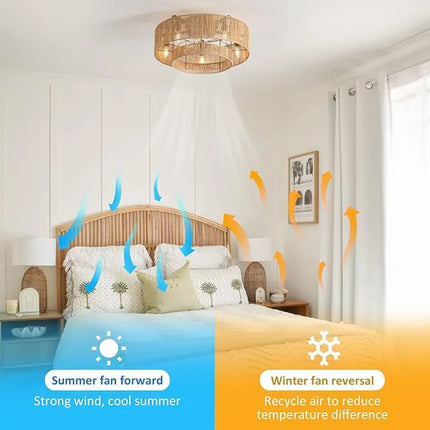Plafonnier ventilateur de plafond bohème en bambou avec lumière et télécommande