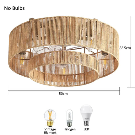 Plafonnier ventilateur de plafond bohème en bambou avec lumière et télécommande