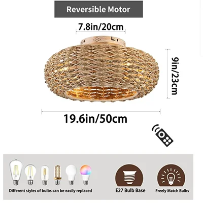 Plafonnier ventilateur de plafond bohème en bambou avec lumière et télécommande