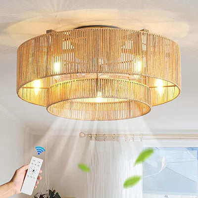 Plafonnier ventilateur de plafond bohème en bambou avec lumière et télécommande